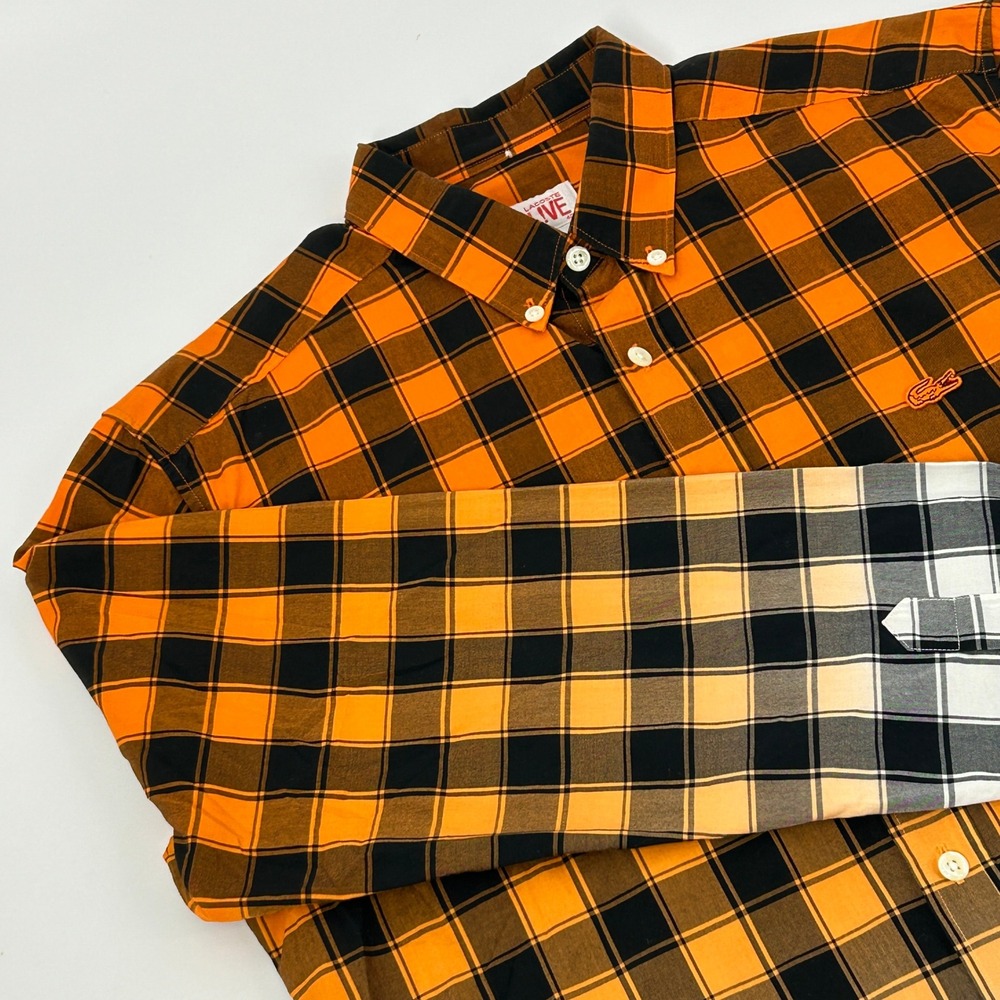 Lacoste LIVE Shirt Mens 40 (US M) Orange Black White Ombre Plaid Button Down